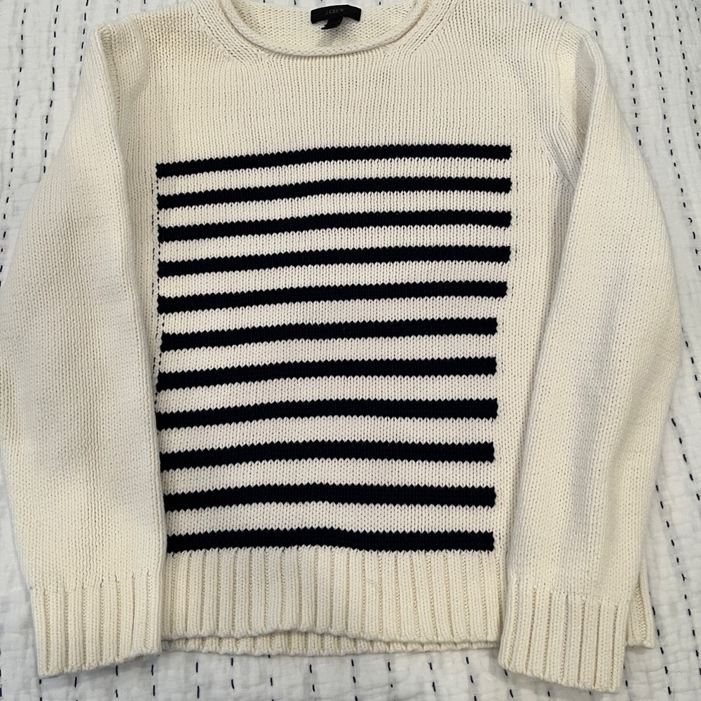 J Crew Ivory Cotton Sweater with Navy Stripe and Roll neck. EUC
